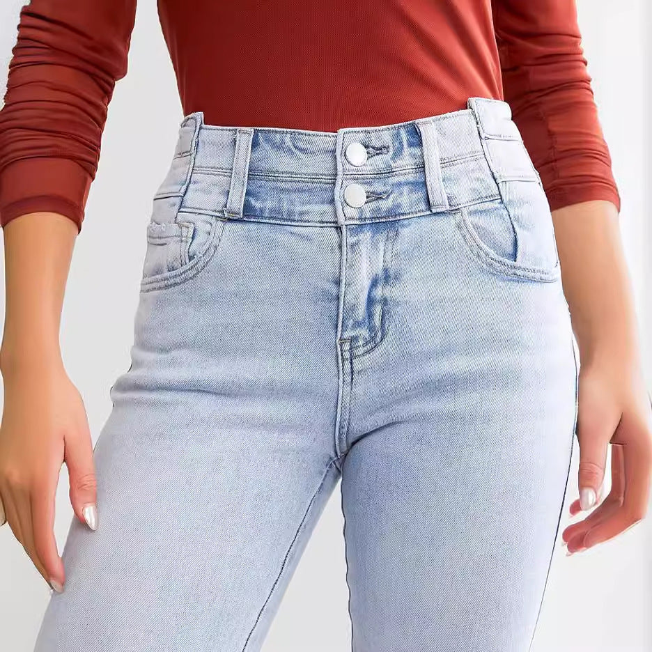 Elastische Jeanshose mit hoher Taille und Knopfleiste für Damen