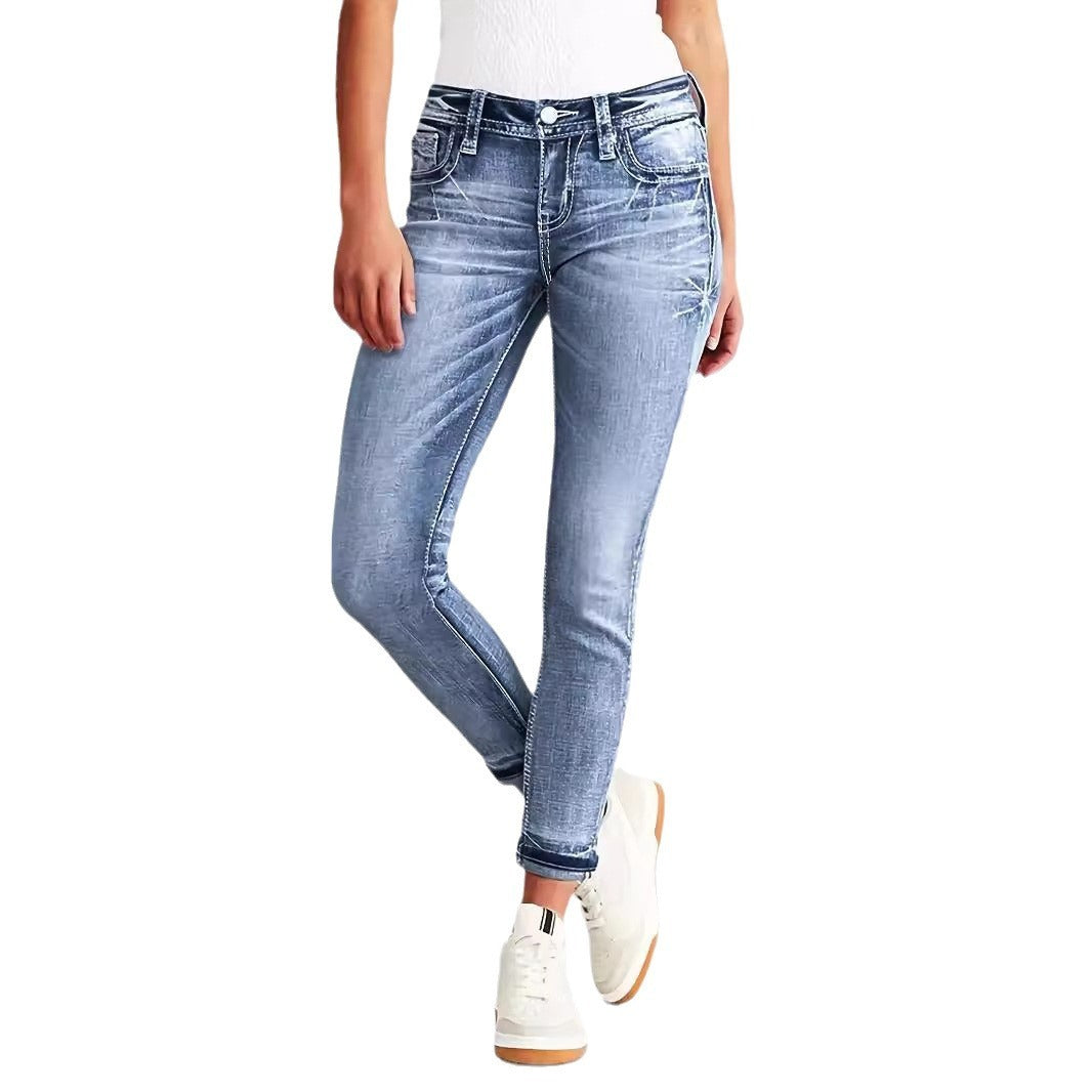 Slim Fit Stretch Damen Schlankheits-Jeans mit Stickereien, Röhrenhose