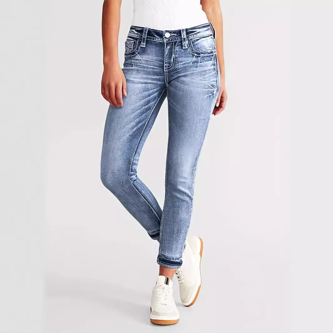 Slim Fit Stretch Damen Schlankheits-Jeans mit Stickereien, Röhrenhose