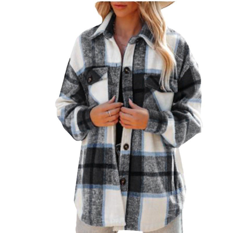 Kaschmir Langarm Plaid Top Lose Casual Bamen Mantel