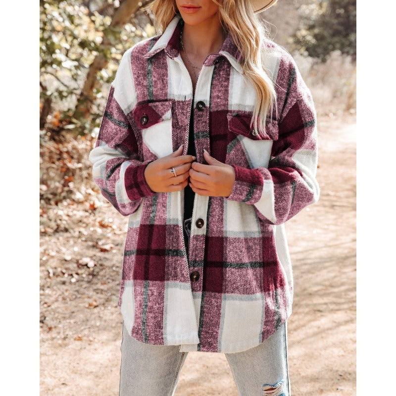 Kaschmir Langarm Plaid Top Lose Casual Bamen Mantel