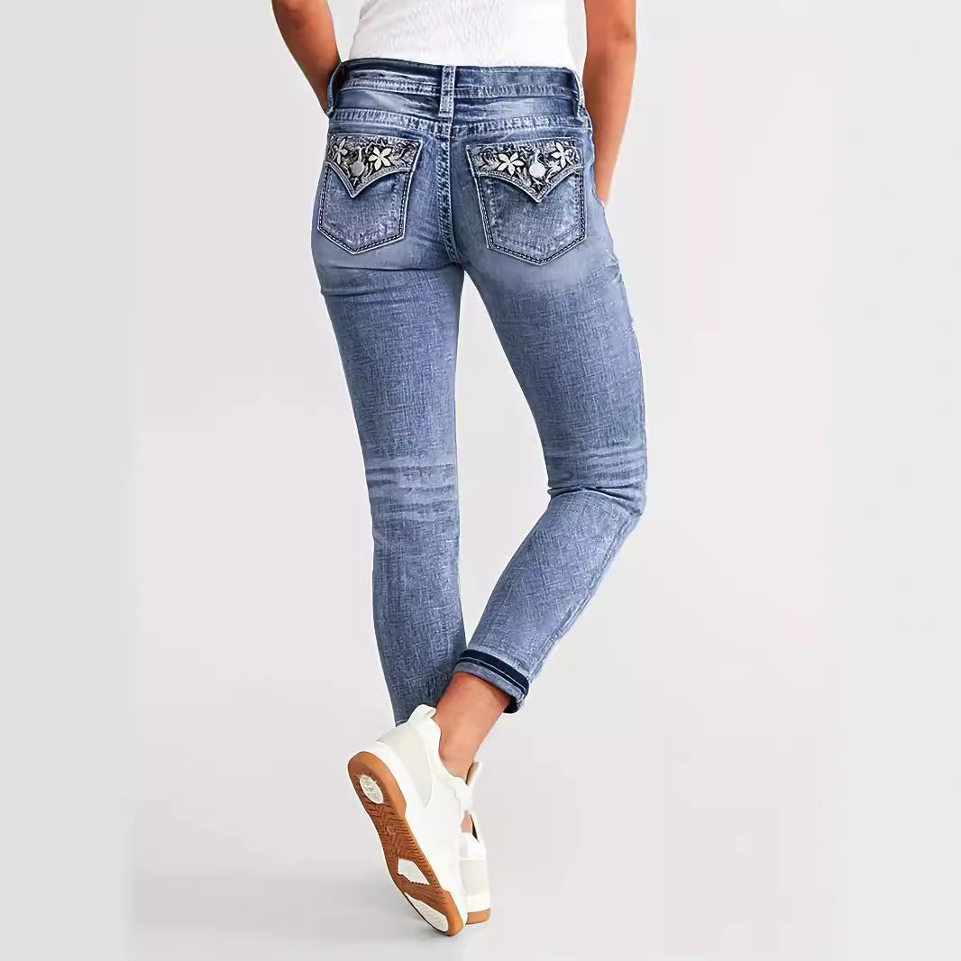 Slim Fit Stretch Damen Schlankheits-Jeans mit Stickereien, Röhrenhose