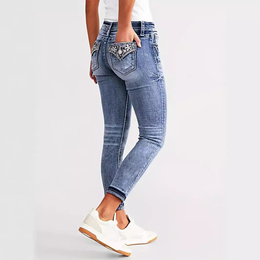 Slim Fit Stretch Damen Schlankheits-Jeans mit Stickereien, Röhrenhose