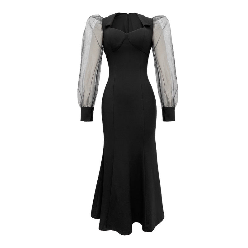 Langes Kleid im französischen Stil quadratischer Kragen für Frauen Hepburn-Stil Elegantes Social ite Mesh Puff Ärmel Fischschwanz kleid