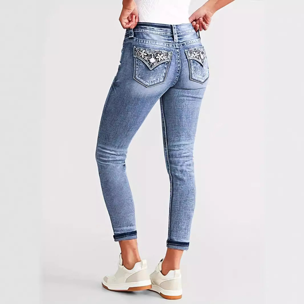 Slim Fit Stretch Damen Schlankheits-Jeans mit Stickereien, Röhrenhose